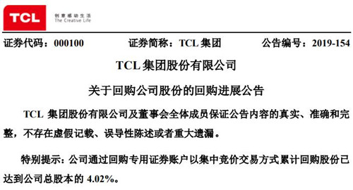 半导体显示｜<span style='color:red'>TCL</span>集团累计回购4.02%公司股份 斥资18.55亿元